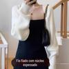 Cardigan Elegante Tricotado Estilo Francês Feminino Outono e Inverno Suéter Cintura Pequena Alça Xale Exterior Blusa Casaco Curto Top