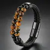 Popular Pulsera Tejida de Estilo Oscuro de Amazon con Piedra Natural Ojo de Tigre y Joyería de Cuero de Doble Capa de Moda para Hombre