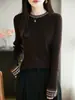 Suéter Delgado Jacquard de Cuello Redondo Estilo Étnico para Mujer Otoño e Invierno Combinación de Colores Retro Camisa de Capa Inferior Top Tejido de Punto de Manga Larga