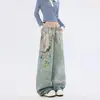 Jeans com corrente estampada de design exclusivo, desgastado, para homens e mulheres, outono, estilo punk de rua, bonito, estilo deserto, respingos, calças de perna larga