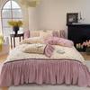 Conjunto de Quatro Peças de Malha Dupla Gaze Estampada Estilo Francês 2026 com Lençol e Capa de Edredom Estilo Americano com Babados Florais Pequenos para Cama de Casal