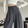 Calça Cinza de Cintura Alta com Fivela Dupla de Perna Larga Feminina Primavera e Outono Solta Emagrecedora Reta Calça Casual Dose