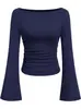 Camiseta Base de Color Liso Adelgazante con Cintura Ceñida, Manga Larga, Estilo Europeo y Americano Chica Picante, de Un Hombro con Manga Acampanada, Larga, para Mujer, Nuevo Estilo 26