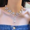 Collar de cristal redondo vintage de corte para mujer, cadena de suéter barroca de alta calidad con perla y gota de agua, cadena de clavícula de moda