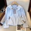 Item Popular de Alta Qualidade das Treze Linhas de Guangzhou ~ Camisa Exquisita com Bordado e Gola Reversível para Mulheres, Top de Outono com Manga Bufante e Laço