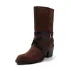 Botas de cuero rectas para mujer, nuevas botas de otoño e invierno de cuero genuino con puntera cuadrada, tacón alto grueso y hebilla de cinturón, botas de media pantorrilla, botas de equitación para mujer