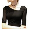 Primavera y Verano Nuevo Top de Malla de Manga Media Camisa Base Interior de Estilista Cuello Inclinado Elástico Camisa Pequeña