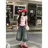 Shorts de mezclilla cortos para mujer con bordado de cachorro estilo americano, pantalones rectos anchos casuales de verano finos y holgados