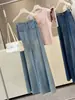 Jeans boca de sino retrô para mulheres, design de verão, fino de cintura alta, com caimento, calças largas soltas, calças compridas de perna reta