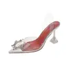 Sandalias Transparentes Nuevas de Verano con Pedrería Puntiagudas Mules Tacón Fino Medias Pantuflas Sexy de Cristal con Tacón Alto