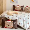 Set de cuatro piezas de algodón cepillado estilo caricatura para otoño e invierno, estampado de oso, ropa de cama gruesa para niños, funda de edredón, sábanas