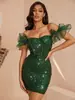 Vestido de fiesta mini ajustado de lentejuelas rojas estilo europeo y americano, diseño de un solo hombro con mangas volantes, un vestido sexy y elegante para eventos nocturnos