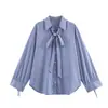 Camisa Feminina de Exportação Europeia e Americana para Cross-Border Aliexpress Verão Solta Listrada Azul e Marrom com Cadarço e Mangas Longas