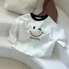 Nueva camiseta base de manga larga para niños 2026 nuevo estilo unisex color block para bebé cuello redondo camiseta top de corazón de dibujos animados primavera y otoño