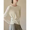 Blusa de tricô JANSAM de lã fiada com gola redonda, mangas compridas e barra plissada irregular para mulheres