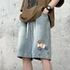 Shorts Jeans Lavado para Homens, Verão Estilo Americano Marca Tendência Etiqueta High Street Calças, Versátil Tendência Solto Wide-Leg Cinco Pontos Shorts