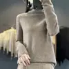 Outono e inverno 100% lã sem costura peça única feminina suéter com bordas enroladas, gola alta sobreposta, caimento solto, espessado, camisa básica versátil para mulheres