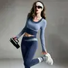 Conjunto de Yoga con Bloques de Color y Costuras para Mujer Manga Larga con Almohadillas en el Pecho Pantalones de Yoga de Cintura Alta Cubre Imperfecciones Muestra Piernas Delgadas Conjunto Deportivo de Fitness
