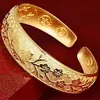 Pulseira de Cobre Banhado a Ouro com Peônia, Pica-pau e Lótus, Design de Pulseira Larga, Pulseira Abridora Atrai-Riqueza, Atacado de Peça Única