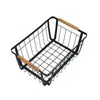 Cesta de Almacenamiento para Encimera de Cocina Transfronteriza Sin Tapa, Cesta de Almacenamiento para Artículos Varios de Escritorio para el Hogar, Cesta de Almacenamiento de Hierro con Mango de Madera Estilo Europeo