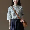 Camisa Estampada, Estilo Floresta, Artística, Retrô, Camisa com Gola Alta Estilo Chinês para Mulheres, Mangas Três Quartos, Verão 2026, Top Solto e Confortável