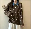 Suéter de Punto de Lunares Falso de Dos Piezas 2026 para Mujer, Nuevo Estilo Casual Holgado Otoño/Invierno Suéter Pulóver con Cuello Polo de Mezclilla