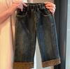Jeans Pequenos e Doces 2025 Meninas Outono e Inverno Estilo Coreano Cintura com Renda Laço Bordado Jeans com Forro de Lã Estilo Tendência