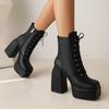 Botas Martin femininas, bico quadrado, salto especial, salto grosso, plataforma frontal, cadarço, botas femininas de cano curto, salto alto