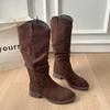 Botas de Salto Grosso Retrô de Cano Alto Botas de Equitação Sapatos Femininos 2025 Novas Botas Slouch Outono Inverno Botas Martin Franzidas Botas da Moda