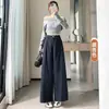 Calças de trabalho de algodão Tencel de perna larga para mulheres, novo estilo outono, cintura alta, modelagem que afina, corte curvo, caimento solto, design patchwork, calças de perna reta