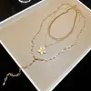 Collar con Colgante de Perla Flor Pintada al Óleo Multicapa Apilable Forma de Y Estilo Vacaciones Retro Cadena para Clavícula Lujo Ligero Sensación de Alta Gama Collar para Mujer