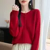 Outono/Inverno 2026 Novo Cardigan de Tricô Gola Redonda Espesso Sete Pontos Peça de Primeira Linha Lã Pura Manga Longa Suéter de Lã Cor Sólida
