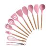 Juego de utensilios de cocina de 11 piezas de silicona personalizada OEM con mango de madera, juego de utensilios de cocina de silicona antiadherente, cuchara para cocinar, espátula, vajilla de silicona