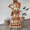 2026 Europeu e Americano Amazon Aliexpress Novo Estilo Moda Verão Estampado Decote V Ajuste na Cintura Vestido Longo Roupa Feminina