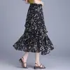Falda Estampada para Mujer Verano Nueva Cintura Alta Adelgazante Falda Línea A Floral Moda Irregular Hoja de Loto Falda de Gran Oscilación