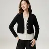 Cardigã de tricô de cashmere em blocos de cor, com design inspirado em duas peças, para mulheres, elegante, com mangas compridas