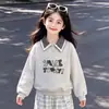 Conjunto de Moletom Estiloso com Patchwork Xadrez e Gola Polo para Meninas e Calça Casual de Perna Larga - Primavera e Outono 2026