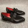 Mocasines de Cuero Genuino ACL para Hombre Suela Roja Estilo Británico Formal de Negocios Charol Brillante Slip-on Zapatos Perezosos Casuales