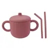 Taza de Silicona para Snacks Infantil Transfronteriza con Doble Asa, Asa, Popote Recto Curvo, Anticaídas, Suave, Taza de Agua Creativa, Taza con Popote