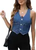 Colete Jeans Feminino Apertado Estilo Europeu e Americano Transfronteiriço Amazon Comércio Exterior Unilateral Gola V Curto Novo