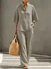 2026 Conjunto de Duas Peças Moda Feminina Casual Europeia e Americana Amazon com Listras, Manga Curta, Bolsos e Calça Pantalona