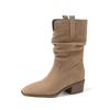 Botas Vaqueras de Gamuza de Vaca Estilo Perezoso Otoño e Invierno 2025 Tacón Medio Grueso Puntera Cuadrada Boca en V Botines de Gamuza Fruncidos para Mujer