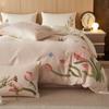 Otoño e Invierno Nuevo Juego de Cuatro Piezas de Algodón 100S Lijado Niña Algodón Bordado Cubre Edredón Grueso Ropa de Cama Verde Rosa