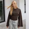 Moda feminina europeia e americana: Novo top Amazon liso, gola redonda, ombro normal, design casual, manga larga, acinturado, sexy, manga longa