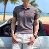 Polo de Manga Curta Stretch Masculina Verão Negócios Jaqueta Masculina Bonito High-end Gelo Seda Listrado Gola Camiseta