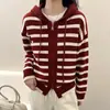 Cárdigan de punto a rayas con capucha, casual y relajado para mujer, perfecto para principios de otoño, con cremallera, corte holgado, mangas largas y diseñado como una capa exterior.