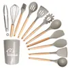 Conjunto de Utensílios de Cozinha de Silicone 12 Peças para Panelas Antiaderentes, Resistente ao Calor a 230°, com Cabo de Madeira, Espátula, Virador, Colher, Pinça, Batedor