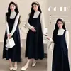 Nuevo conjunto de maternidad otoño/invierno: Conjunto de dos piezas: top básico de cuello medio alto estilo coreano + vestido chaleco con estampado floral azul oscuro, que disimula el abdomen y crea un efecto adelgazante