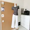 Top de Verão em Malha Trançada Tencel Linho Estilo Old Money + Calça Casual Clássica Versátil de Algodão Tencel Branca de Cintura Alta Comprimento 9/10