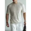 Camiseta de Manga Corta de Canalé de Seda y Lana Estilo Old Money Italiano para Hombre, Otoño 2026, Cuello Medio Pequeño, Top Casual Transpirable